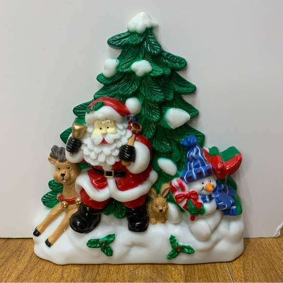 💕2/$20💕 Vintage Plastic J.S.N.Y Santa Scene Snowman Reindeer 6” Wall Hanging - Picture 2 of 14